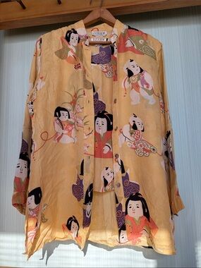 VTG Citron 100% Silk Yellow Tank Top & Tunic  Set w/ Vibrant Asian Doll Print